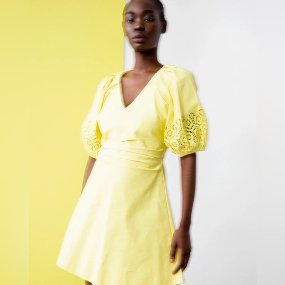 NWT Tanya Taylor Lacey Dress Puff Sleeve Mini Daffodil Yellow Plus Size $525 - Picture 2 of 5